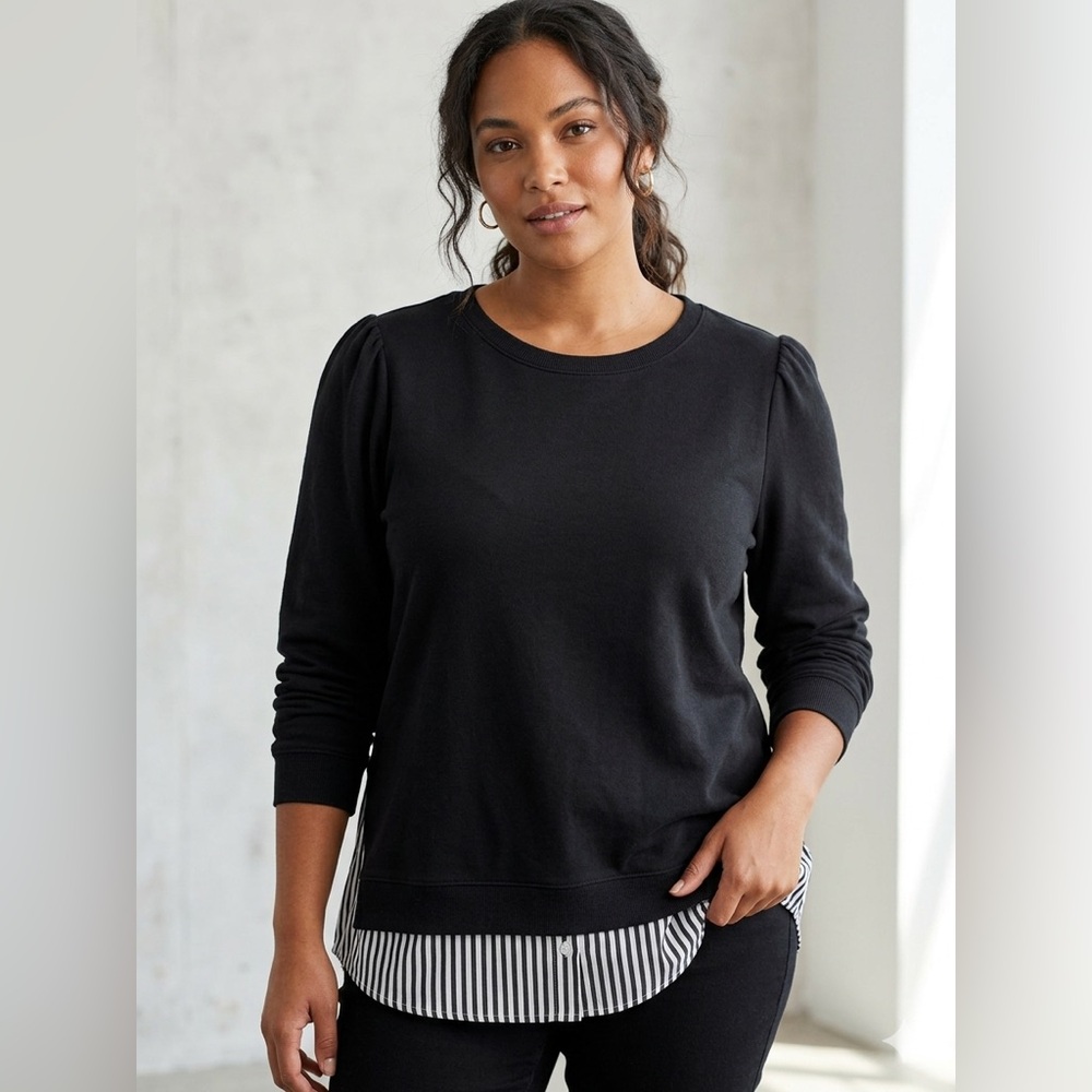 SIZE LARGE Denim & Co.® NEW French Terry Mixed Media Long Sleeve Top Black
